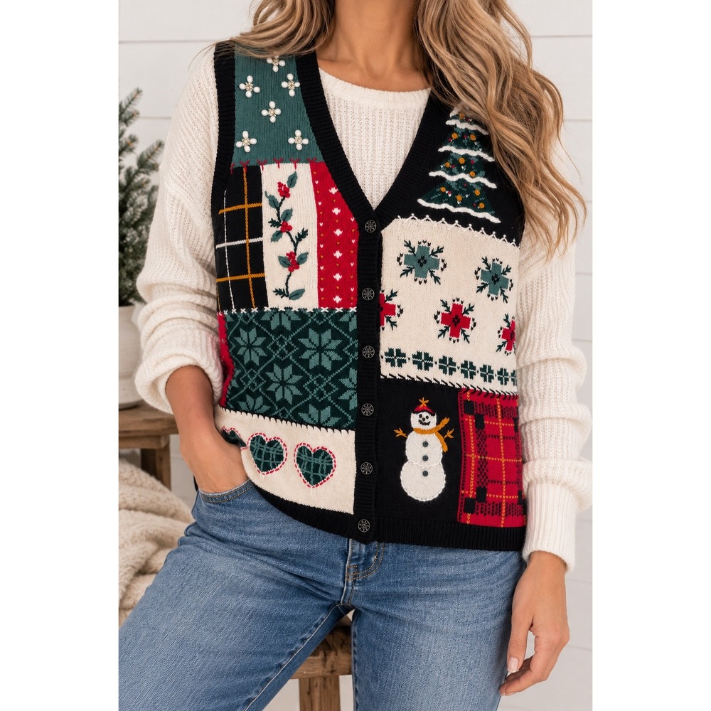 Holiday Christmas Sweater Vest Snowman Patchwork Festive Sleeveless